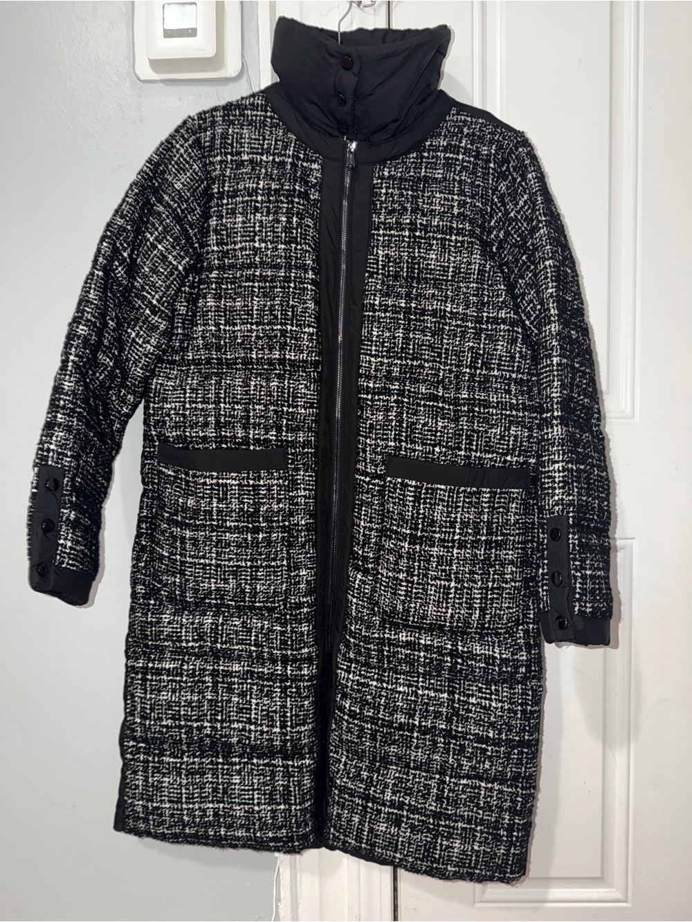 Bernardo Black & White Tweed Quilted Puffer Coat